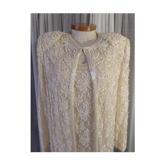 Lady XL Cream Formal Dress Jacket Set Bead Sequin - Picture 6 of 8